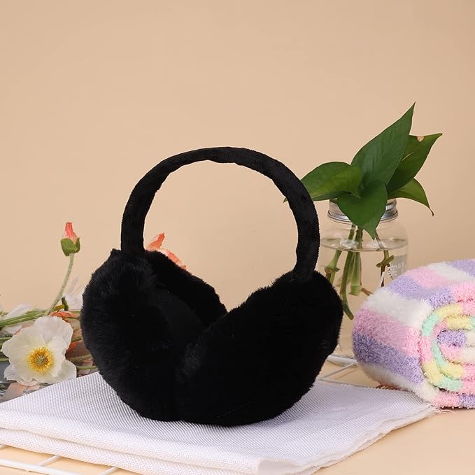 Black Winter Ear Muffs, Foldable Black Ear Muffs, Plush Earmuffs - OneBag