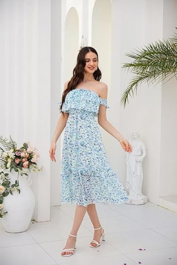 Women Blue Floral Chiffon Strapless Summer Dress- L - OneBag
