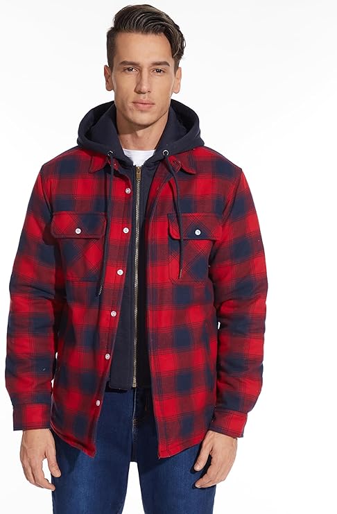 Men's Red Flannel Shirt Lumberjack Jacket with Removable Hood - OneBag