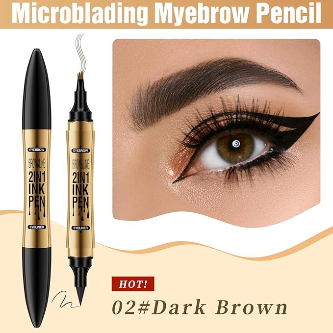 Incisite Eyebrow Pen, 2-in-1 Liquid Eyeliner and Eyebrow Pen, Dual-Ended Brow Pencil, Waterproof Long Lasting Brow Pen for Effortless Natural Brows(Dark Brown + Eyeliner Black) - OneBag
