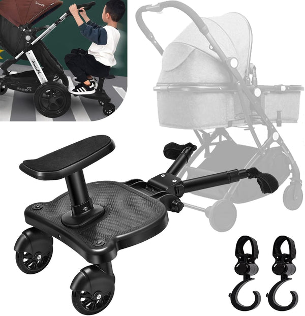 Vihir Universal Buggy Board with Seat, Kiddy Board, Pram Accessory for Children from 2-6 Years (25 kg), Compatible with Almost Every Stroller and Pram, Black, with 2 pram Hooks