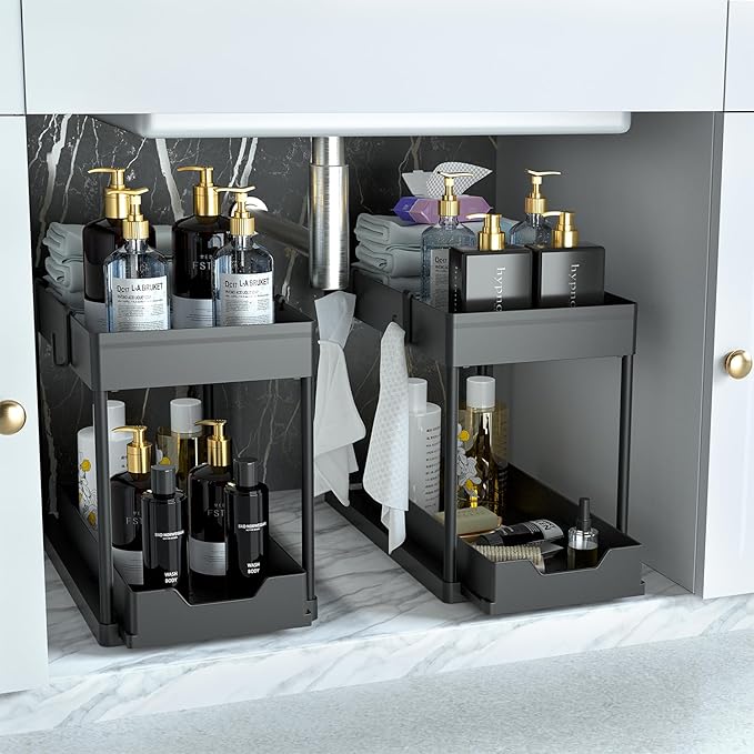 2 Pcs Black Under Sink Storage, 2 Tier Sliding Organiser, Multi-Purpose Shelf Organiser, Pull Out Cabinet Basket Drawer - OneBag