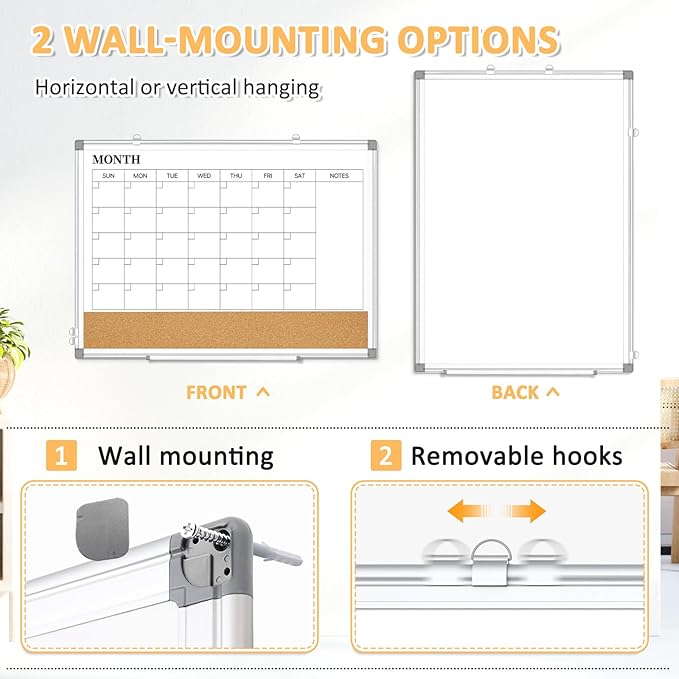 QUEENLINK 45×60 cm Magnetic Whiteboard Monthly Calendar, Double-Sided White Board Calendar for Wall, Dry Erase Aluminum Frame - OneBag