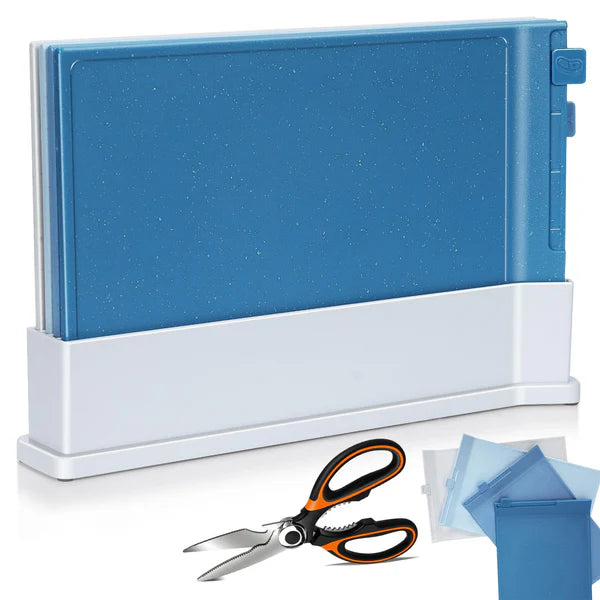 4 Pcs Non-Slip Plastic Chopping Board  with Storage Stand, Blue Shades Cutting Board - OneBag