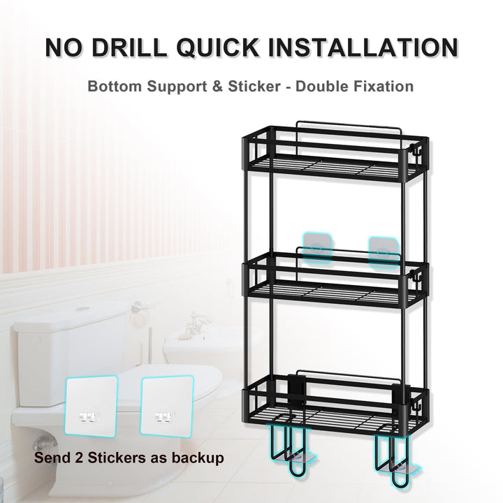 Black Over Toilet Bathroom Organizer, Stainless Steel Toilet Tank Basket, No Drilling 3-Tier Bathroom Shelf - OneBag
