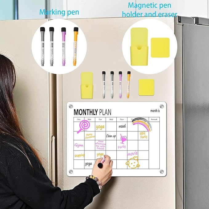 17in x 12in Monthly Planner Whiteboard Set, Acrylic Dry Erase Board Refrigerator Whiteboard, Daily Meal Planner - Includes Full Mounting Kit - OneBag
