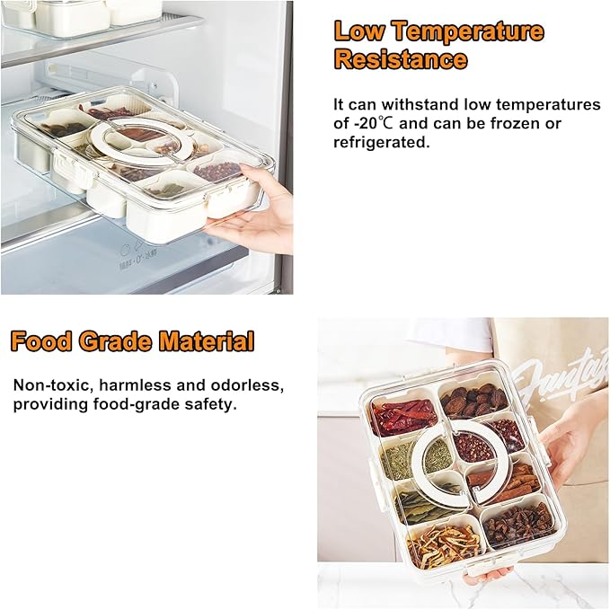 DOVMEWO Divided Clear Snack Box, Serving Tray with Lid & Handle, Snackle Box Charcuterie Board Container Storage Organizer - OneBag