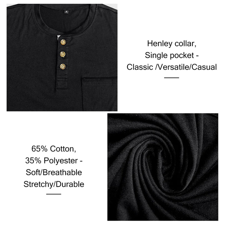 Men Long Sleeve Black T-Shirt, Cotton Casual Henley Shirt- XXL - OneBag