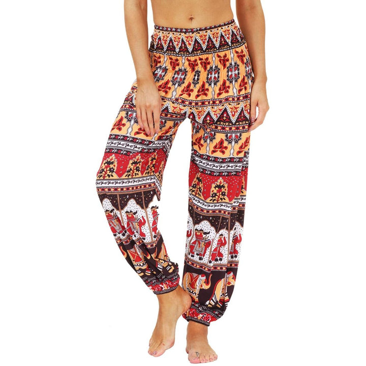 Women Hippie Harem Yoga Pants with Pockets, Thai Aladin Printed Summer Trousers- One Size - OneBag