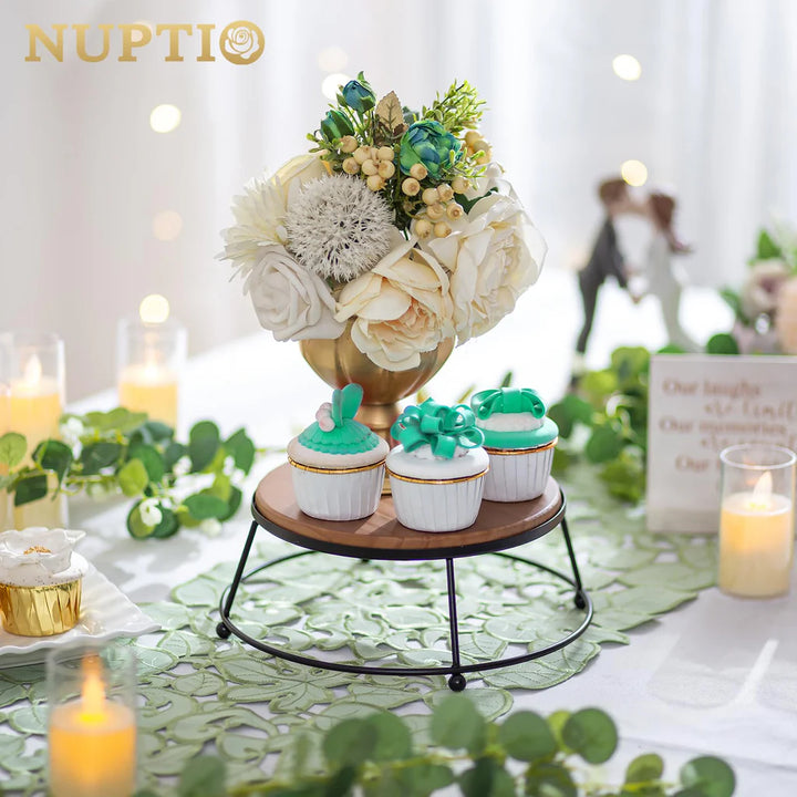 Cake Stand, Cupcake Wooden 21cm Display Holder, Afternoon Tea Pedestal Round with Black Metal Frame - OneBag
