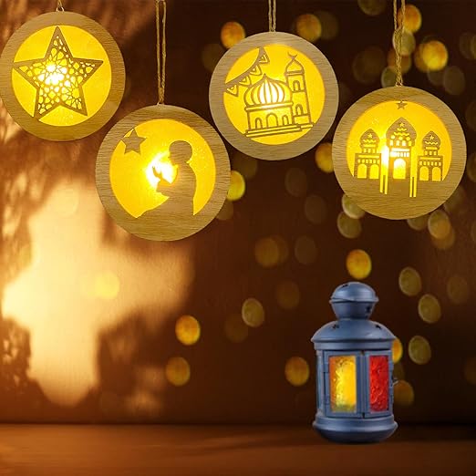 4 Pcs Eid Mubarak Decorations Lights, Wooden Moon Star Ramadan LED Hanging Lights, Muslim Islam Ornament Lantern - OneBag