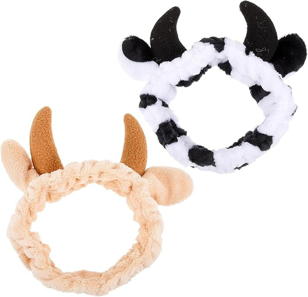 2 Pcs Cow Horn headband, Milk Cow Hairband, Plush Animal Ear Face Wash Hair Wrap