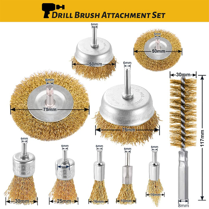 10 Pcs Wire Wheel Brush Drill with Cup, Tube, 1/4-Inch Shank Brush for Cleaning, Rust, Paint, Polishing - OneBag