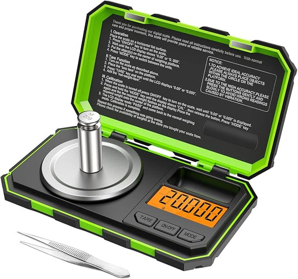 Green 20g/0.001g Milligram Digital Pocket Scale, Portable Jewelry Scale with 20g Calibration Weights and Tweezers