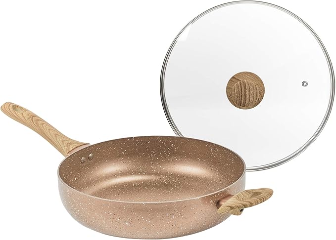 Rose Gold URBN-CHEF 28cm Deep Sauce Pan, Lidded Non Stick Ceramic Coated Induction Pot, Cooking Frying - OneBag
