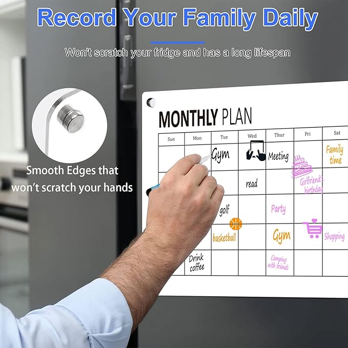 17in x 12in Monthly Planner Whiteboard Set, Acrylic Dry Erase Board Refrigerator Whiteboard, Daily Meal Planner - Includes Full Mounting Kit - OneBag