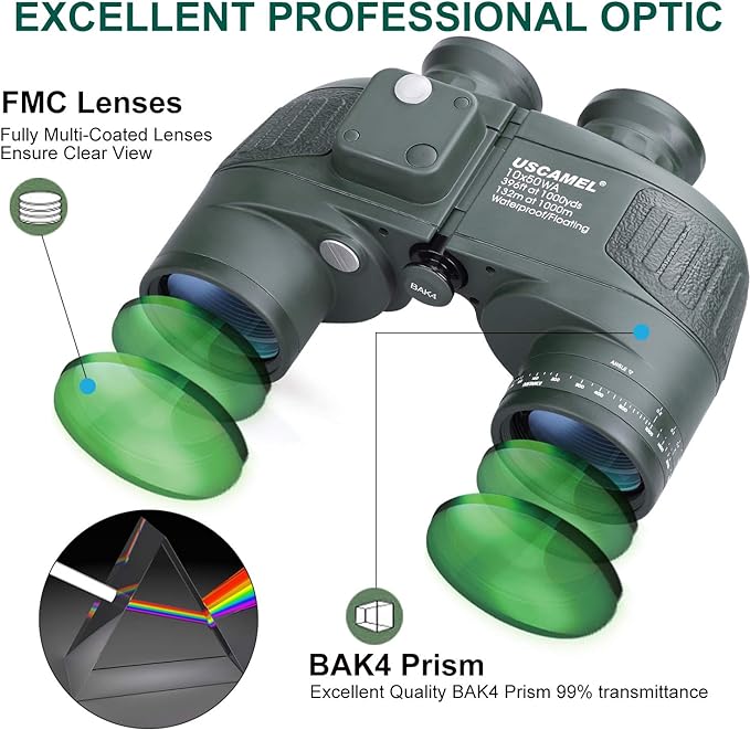 Army Green 10x50 HD Military Binoculars with Rangefinder Compass Telescope Nitrogen Filled Waterproof Sports Optics - OneBag
