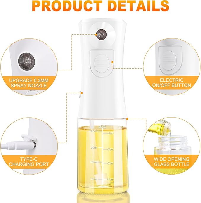 Electric Oil Spray Bottle, Olive Oil Sprayer Mister, Glass Oil Dispenser Bottle, Real Fine Mist Oil Vinegar Sprayer - OneBag