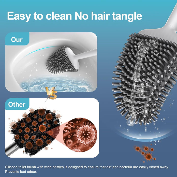 2 Pcs Silicone Toilet Brush and Holder Set with Long Non-Slip Handle for Bathroom, Wall Mounted & Floor Type - OneBag