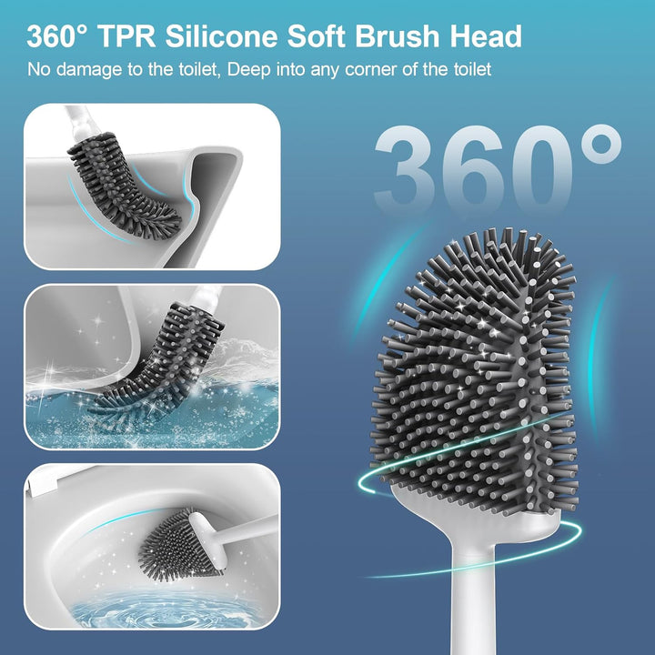2 Pcs Silicone Toilet Brush and Holder Set with Long Non-Slip Handle for Bathroom, Wall Mounted & Floor Type - OneBag