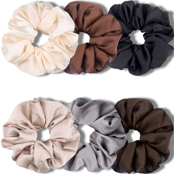 6 Pcs Women Large Satin Hair Scrunchies, Neutrals Colourful, Black for Women Thick Hair