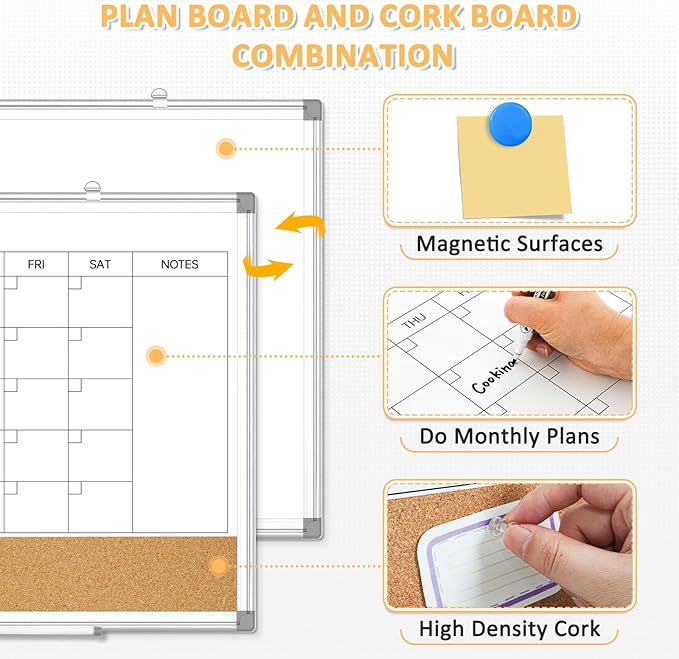 QUEENLINK 45×60 cm Magnetic Whiteboard Monthly Calendar, Double-Sided White Board Calendar for Wall, Dry Erase Aluminum Frame - OneBag