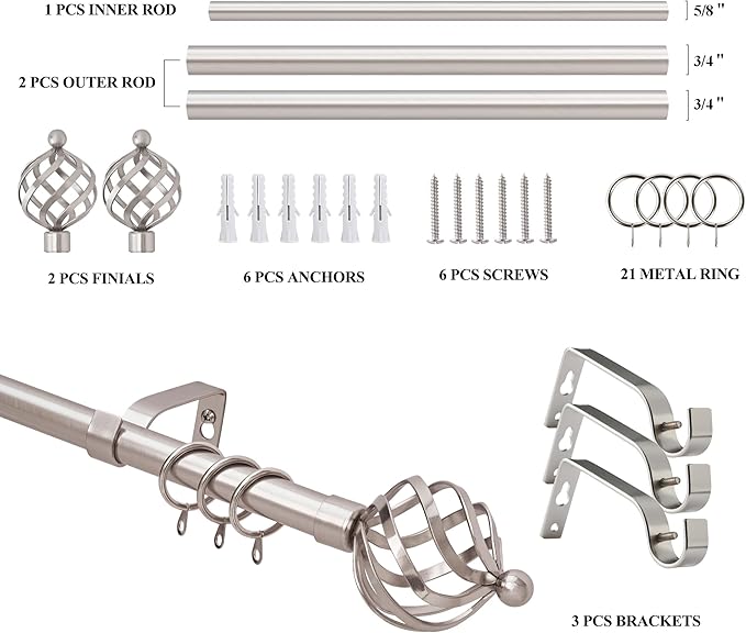 Black 120-210cm  48-84inch Curtain Pole, Single Spiral Metal Extendable Adjustable 16/19mm Diamete Curtain Rod Set, Decorative Window - OneBag