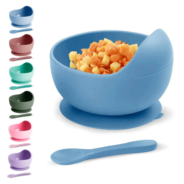 Silicone BPA Free Baby Children Feeding Bowl Plate and Spoon Set with Suction - OneBag
