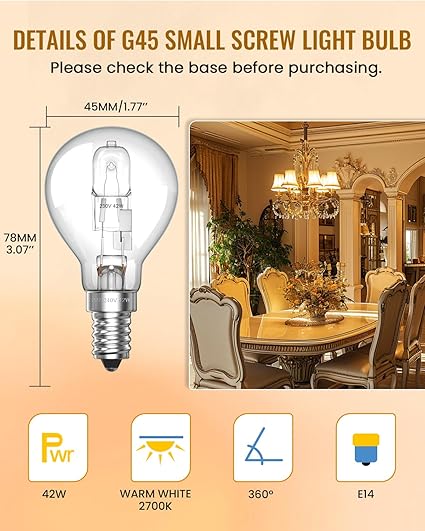 2 Pcs Luxvista E14 Halogen Light Bulbs Small Screw, 42W Dimmable Halogen Bulbs, 2700K Warm White Small Edison Screw P45 Golf Ball Bulb, SES Clear Classic E14 Light Bulb,613lm - OneBag