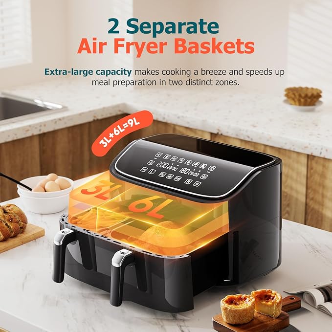 9L Dual Air Fryer, 3L+6L XL Capacity Dual Zone Digital Air Fryer, 2 Drawers, Non-Stick, Sync-Finish, 6L for Whole Chicken, 6 in 1 Cooking Presets - OneBag