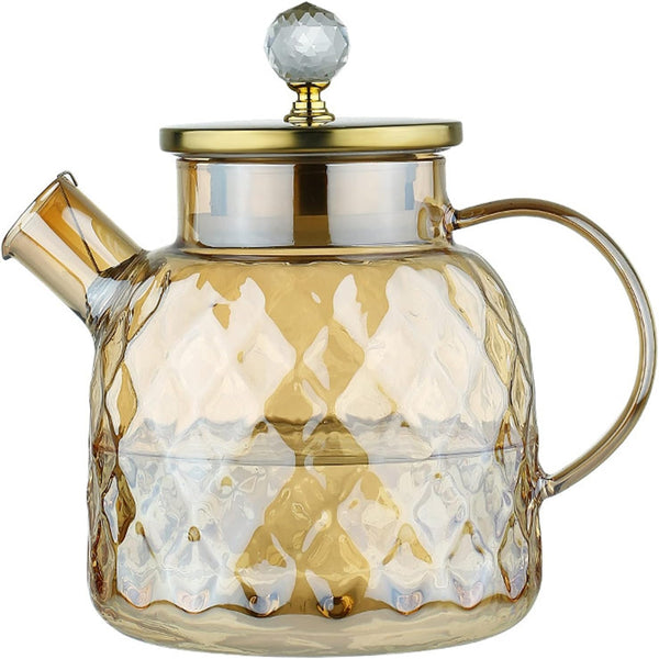 Gold 1L Glass Teapot with Bamboo Lid, Glass Pitcher Jug with Stainless Steel Lid with Handle, Heat Resistant for Cold Hot Beverages Iced Tea Pitcher