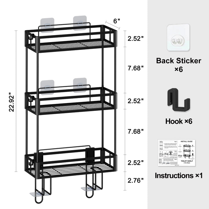 Black Over Toilet Bathroom Organizer, Stainless Steel Toilet Tank Basket, No Drilling 3-Tier Bathroom Shelf - OneBag