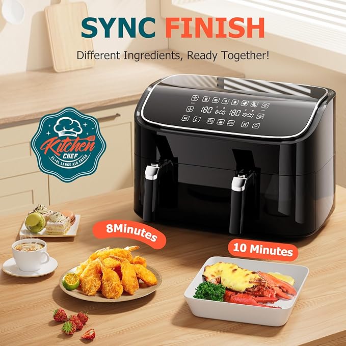 9L Dual Air Fryer, 3L+6L XL Capacity Dual Zone Digital Air Fryer, 2 Drawers, Non-Stick, Sync-Finish, 6L for Whole Chicken, 6 in 1 Cooking Presets - OneBag