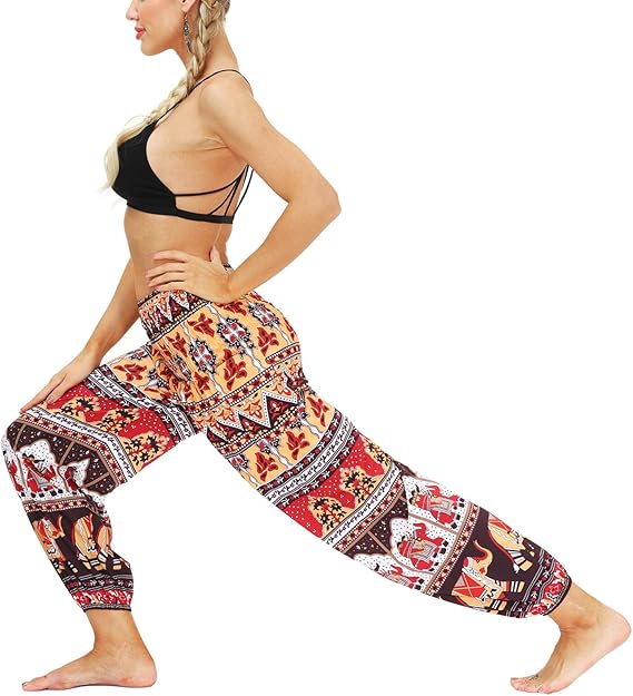 Women Hippie Harem Yoga Pants with Pockets, Thai Aladin Printed Summer Trousers- One Size - OneBag