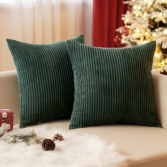 2 Pcs 18x18 Inch 45x45cm Dark Green Cushion Covers, Corduroy Square Throw Pillow Covers, Striped Pillow Cases - OneBag