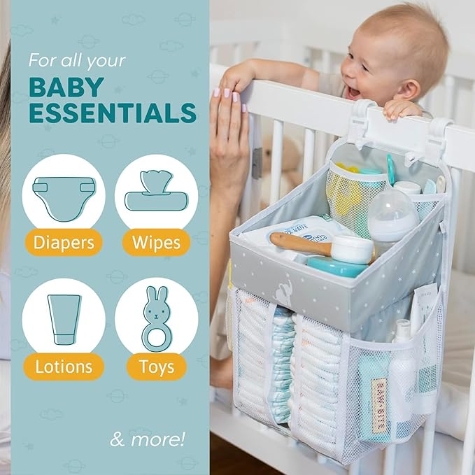 43 x 23 x 23 cm Grey Cradle Star Hanging Changing Table Organizer, Cot Organizer, Nursery Organizer, Hanging Storage Door, Baby Changing Organizer with Multiple Compartments - OneBag