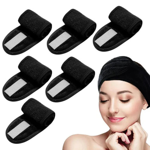 6 Pcs Adjustable Stretch Towel With Magic Tape black, spa headband, make up hair bands