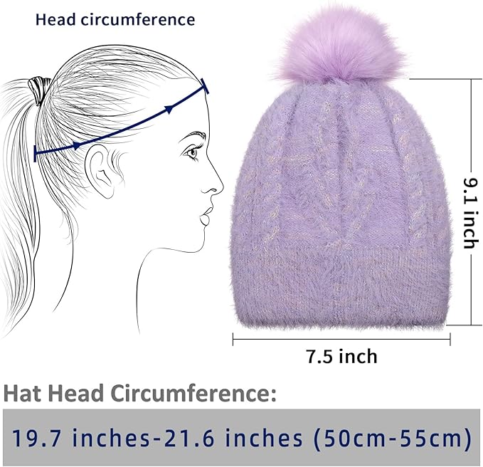 Winter Natural-White Women Pom Pom Beanie Hat, Girls Warm Faux Fur Pompom Knit Ski Hat - OneBag