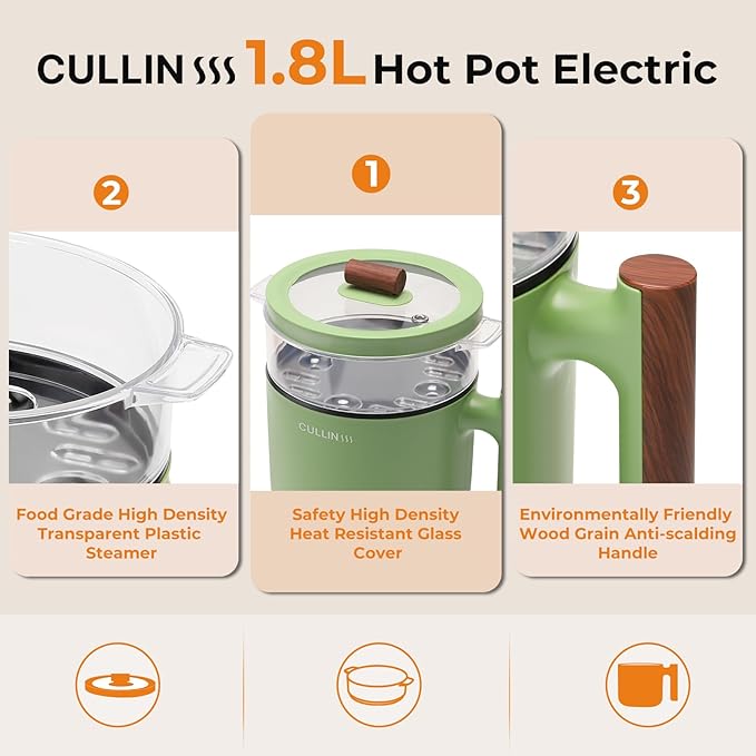 Electric Hot Pot with Steamer, 1.5 & 1.8L Non-stick Ramen Cooker, 2 in 1 Shabu Shabu Hot Pot, Multifunctional Cooker with Overheating Protection for Stew, Noodles - OneBag