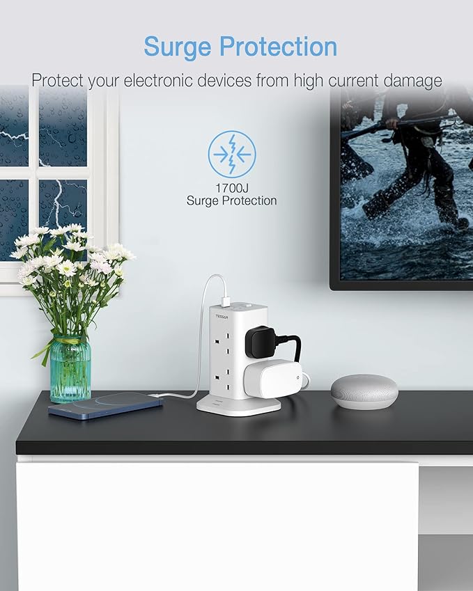 Tower Extension Lead 3M with 3 USB Slots, TESSAN Extension Cable 8 Way Multi Socket Plug with Switch, Surge Protected Power Strip for Home, Office, Kitchen Supplies - OneBag