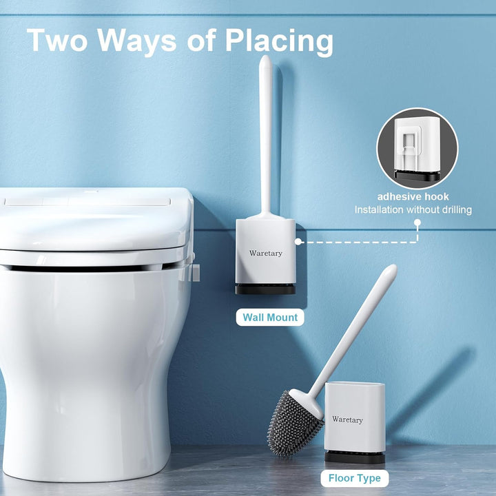 2 Pcs Silicone Toilet Brush and Holder Set with Long Non-Slip Handle for Bathroom, Wall Mounted & Floor Type - OneBag