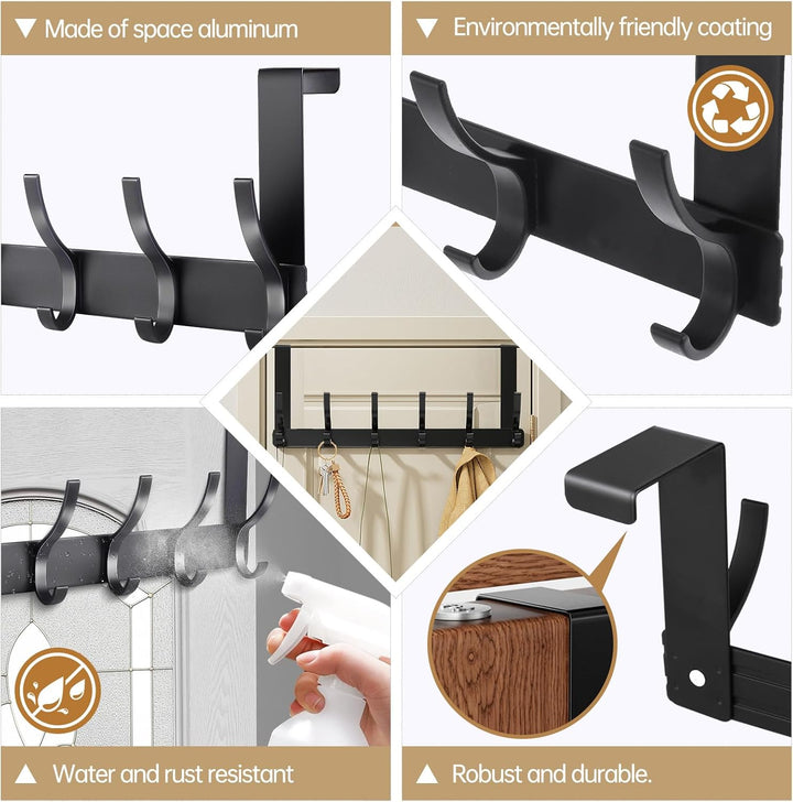 Black, White 6 Hooks Over Door Hanger, for Hanging Coat, Towel, Bag, Clothes Bearing Weight 20kg - OneBag