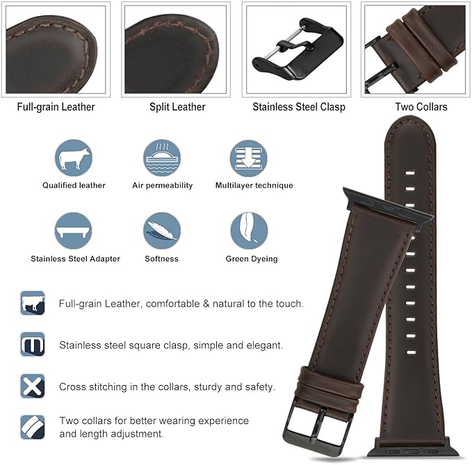 iBazal 42mm 44mm Wrist Bands Compatible with iWatch Series 5 4 3 2 1 Straps 44mm 42mm Leather Watch Replacement Wristbands Belt- Brown - OneBag