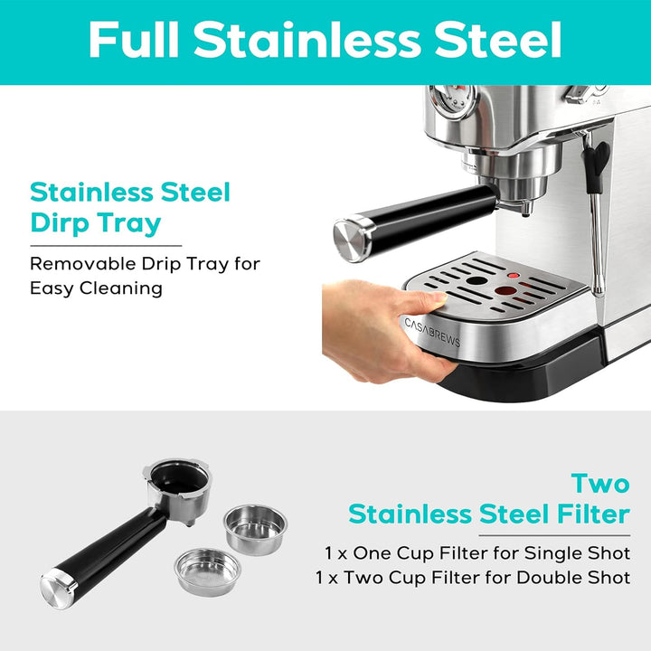 20 Bar Coffee Machine with Steam Milk Frother 1L Removable Water Tank, Espresso, Cappuccino and Latte Machine - OneBag