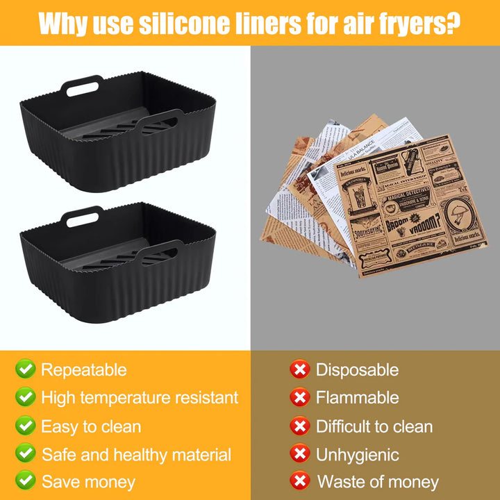 2 Pcs Black Large Silicone Air Fryer Liners, Reusable Air Fryer Accessories - OneBag