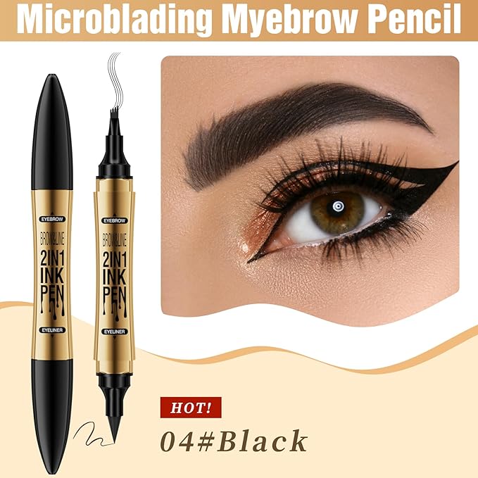 Incisite Eyebrow Pen, Dual-Ended Brow Pencil, 2-in-1 Liquid Eyeliner and Eyebrow Pen, Waterproof Long Lasting Brow Pen for Effortless Natural Brows(Black + Eyeliner Black) - OneBag