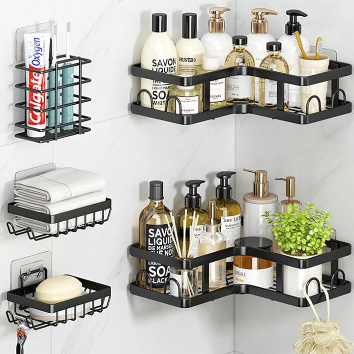 5 Pcs  Black Shower Caddy, Rustproof No Drilling Stainless Steel,  Organizer Shelves for Bathroom - OneBag