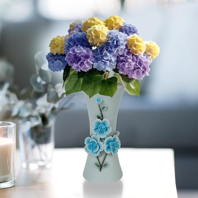 Decorative Blue Vase for Flower for Modern or Rustic Home Decor, Handcaft 3D Embossed Floral Design - OneBag