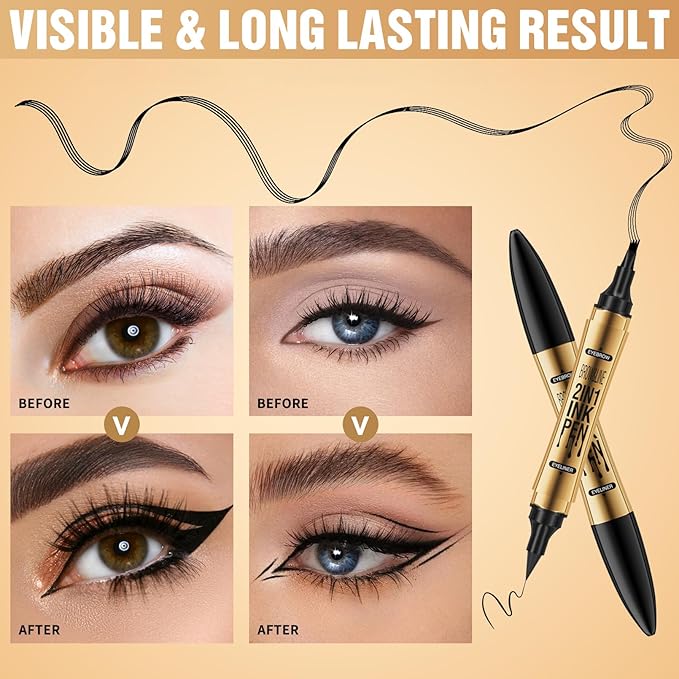 Incisite Eyebrow Pen, Dual-Ended Brow Pencil, 2-in-1 Liquid Eyeliner and Eyebrow Pen, Waterproof Long Lasting Brow Pen for Effortless Natural Brows(Black + Eyeliner Black) - OneBag
