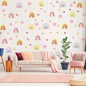 6 Pcs Rainbow Wall Decor Stickers, Rainbow Heart Stars Colour, Rainbows Wall Decals for Girls Kids Bedroom, Nursery Wall Décor - OneBag